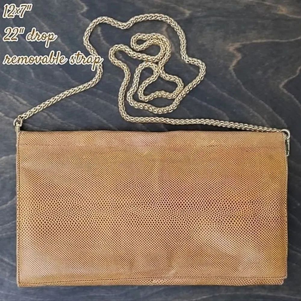 Vtg yellow tan reptile leather envelope crossbody purse
